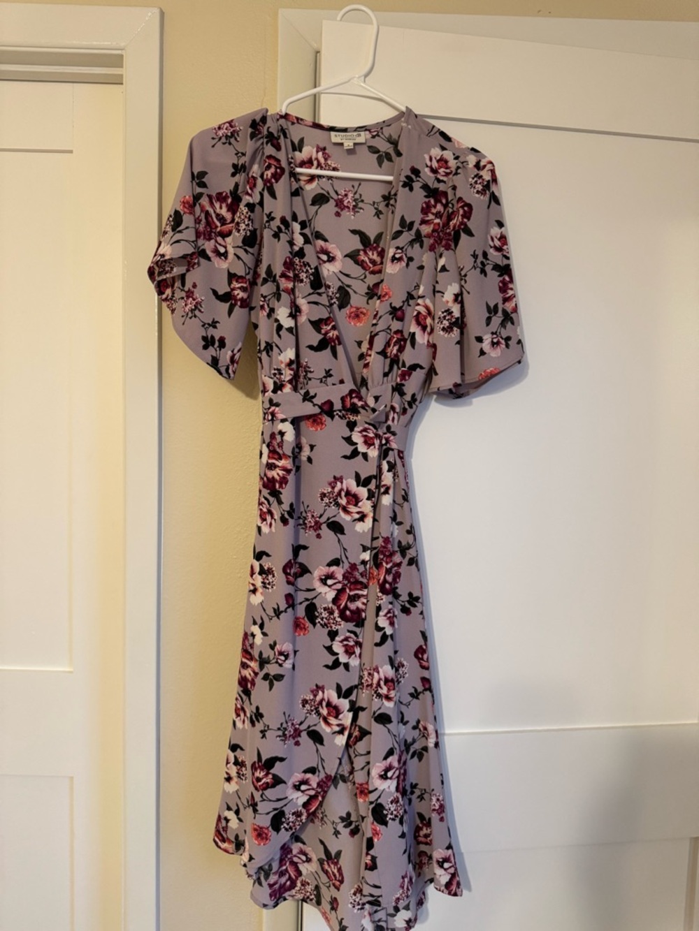 Floral Wrap Midi Dress - Lavender with Burgundy Bloom size S